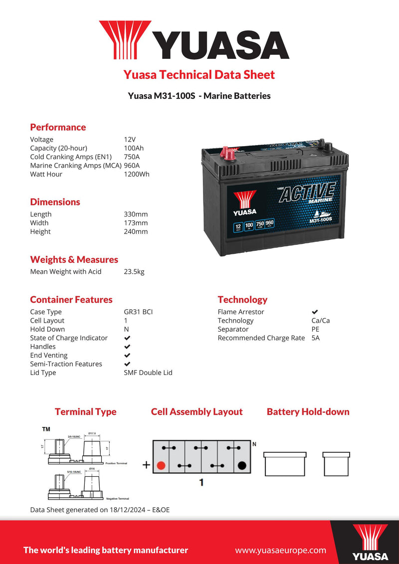 Yuasa M31-100S Active Marine Battery 12V 100Ah 750A