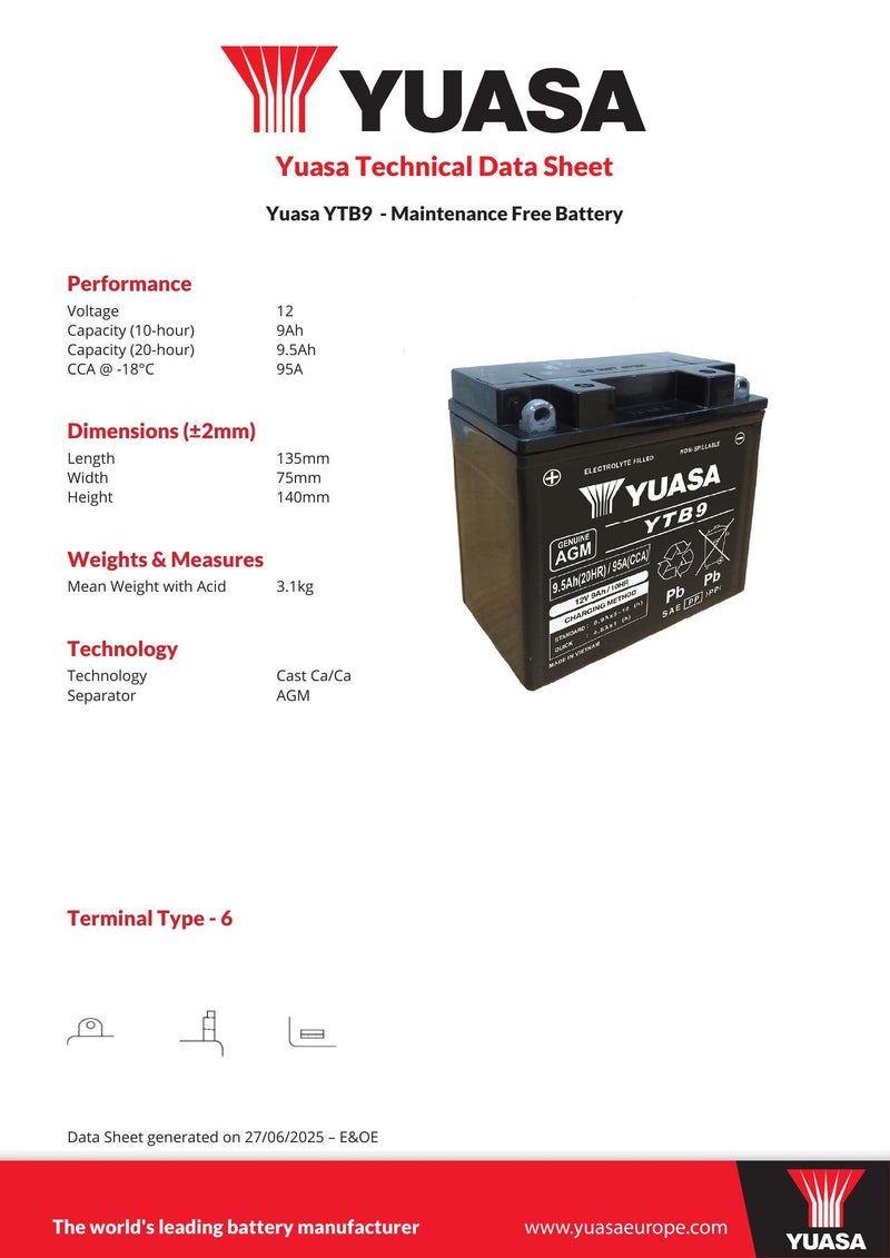 Yuasa YTB9 12V Maintenance Free Battery