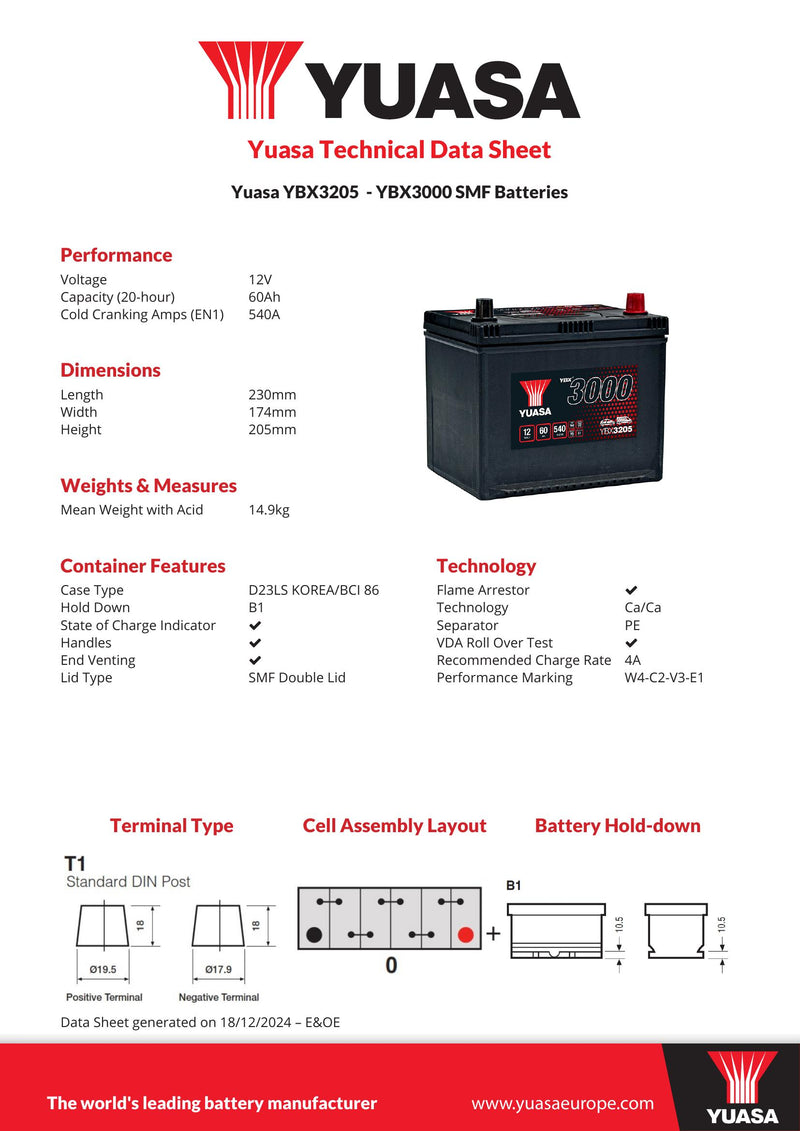Yuasa YBX3205 - 3205 SMF Car Battery - 4 Year Warranty