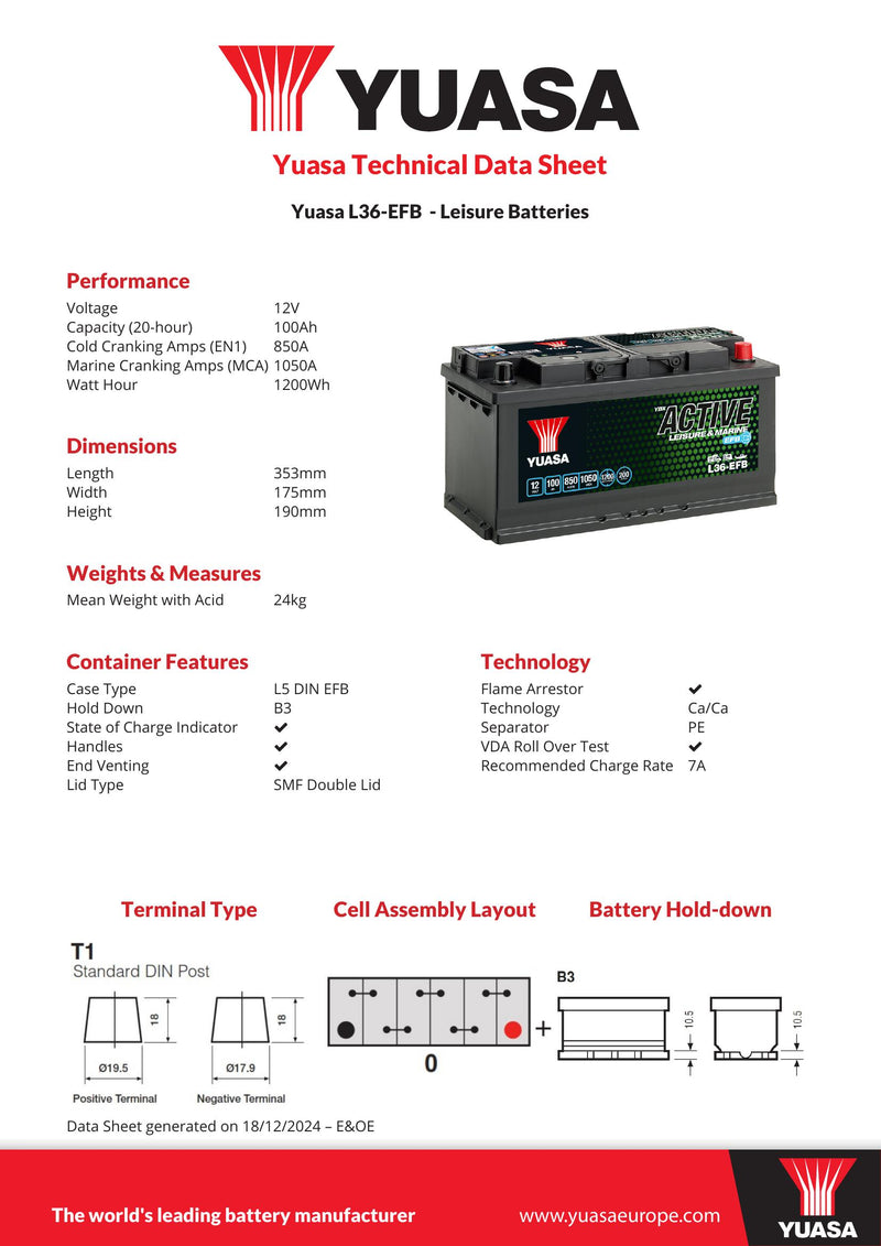 Yuasa L36-EFB Active Leisure EFB Battery 12V 100Ah 850A