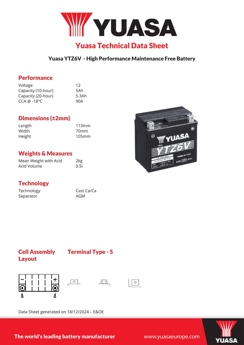Yuasa YTZ6V (CP) 12V High Performance MF VRLA Motorcycle Battery