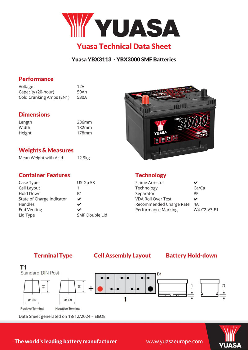 Yuasa YBX3113 - 3113 SMF Car Battery - 4 Year Warranty