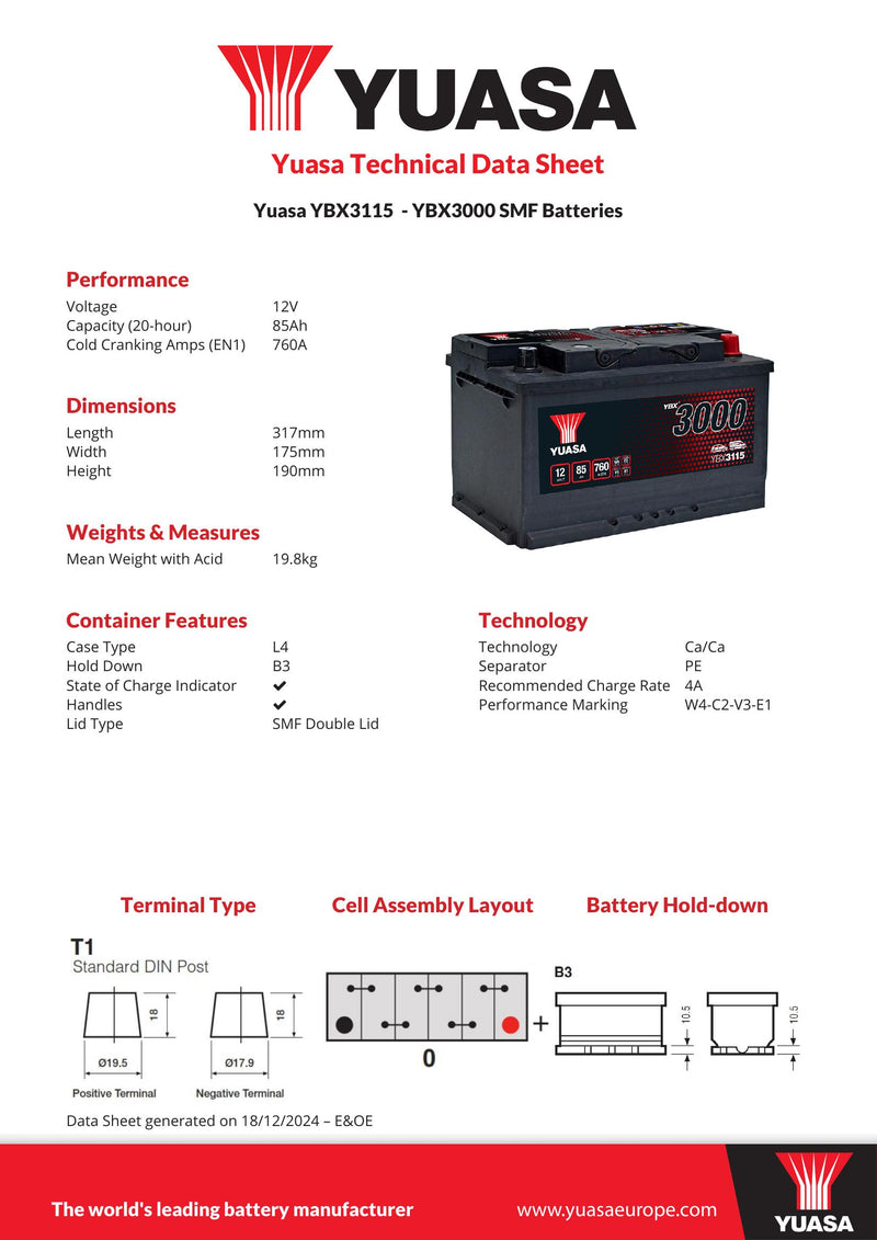 Yuasa YBX3115 - 3115 SMF Car Battery - 4 Year Warranty