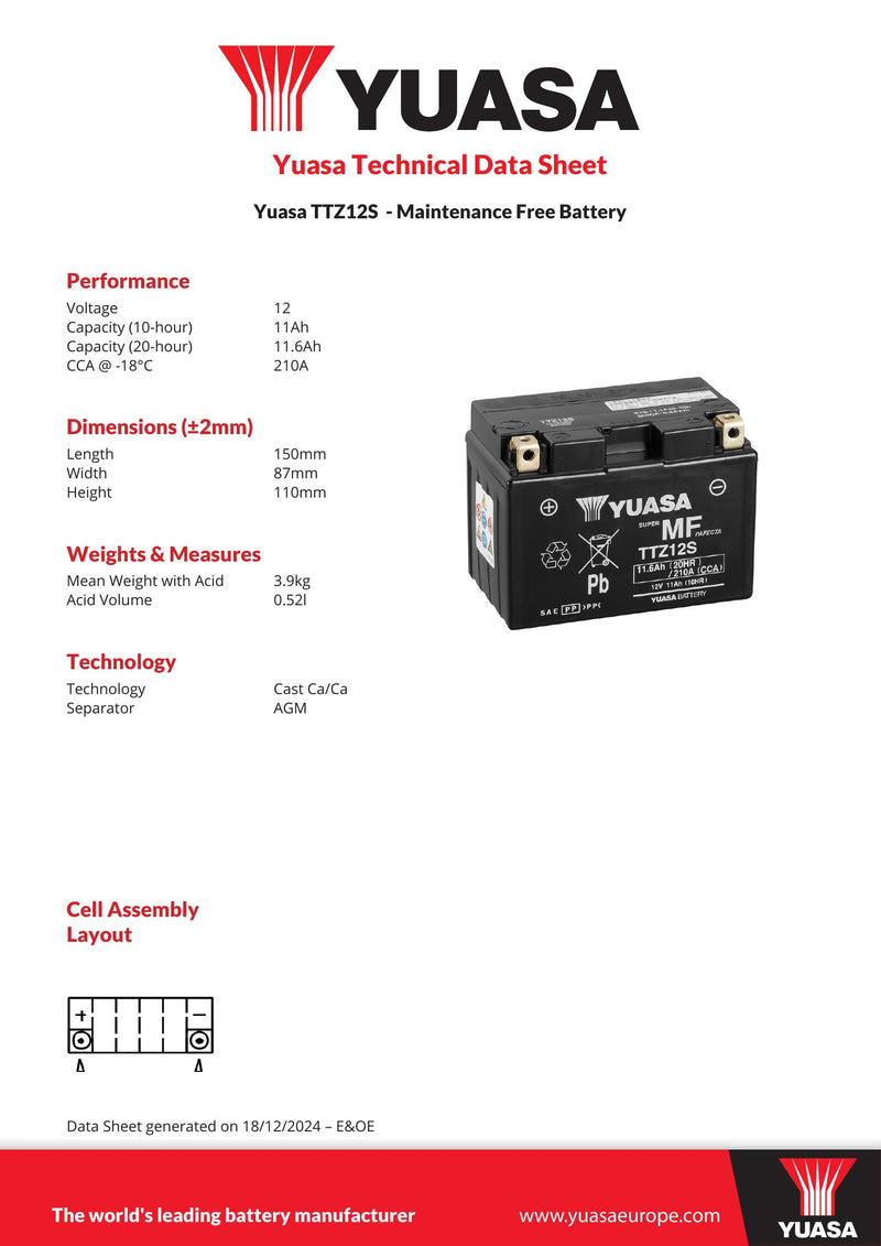 TTZ12S (CP) 12V Yuasa MF VRLA Motorcycle Battery