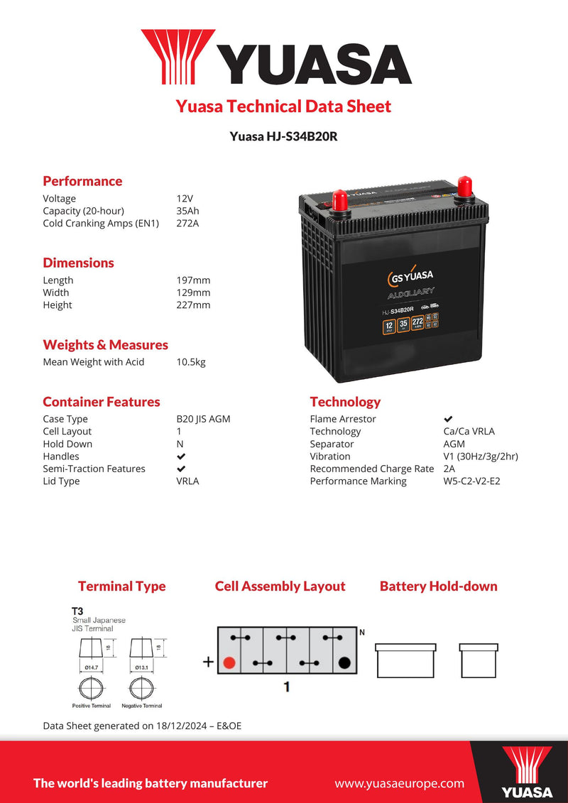 Yuasa Hj-S34B20R Auxiliary Battery