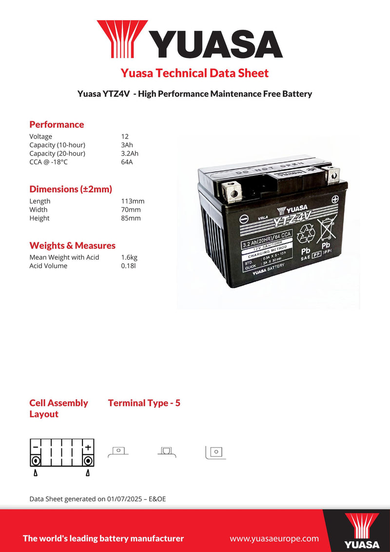Yuasa YTZ4V 12V High Performance Maintenance Free Battery