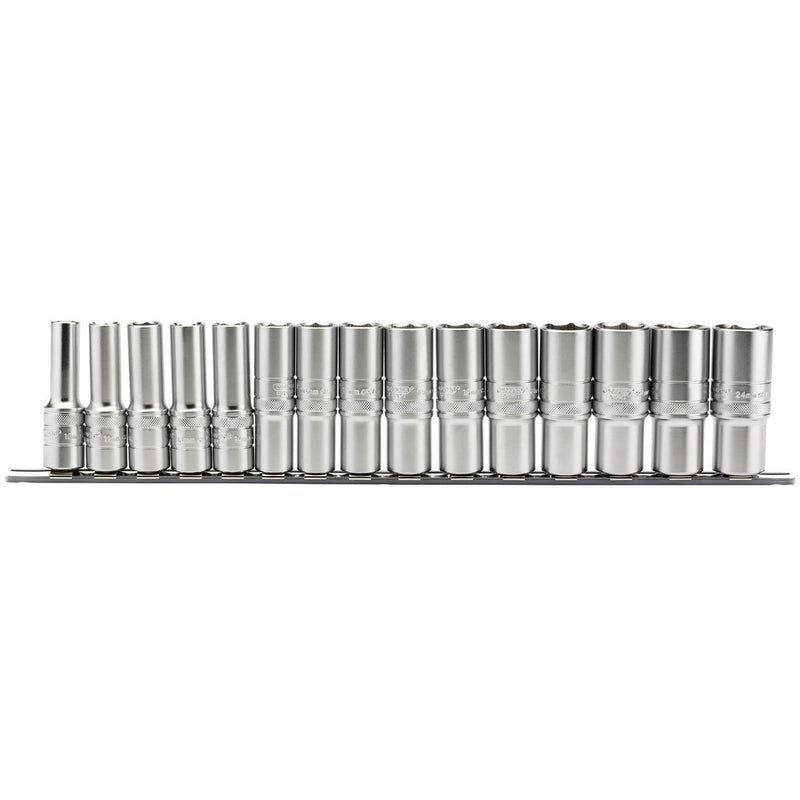 Metric Deep Socket on a Metal Rail, 1/2" Sq Dr (15 Piece)