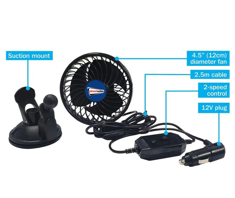 12v Cyclone 3 Single Oscillating Power Fan with Sucker