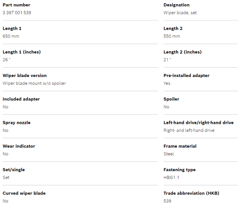 Bosch Front Wiper Blades Twin Set - 650/550mm - 539