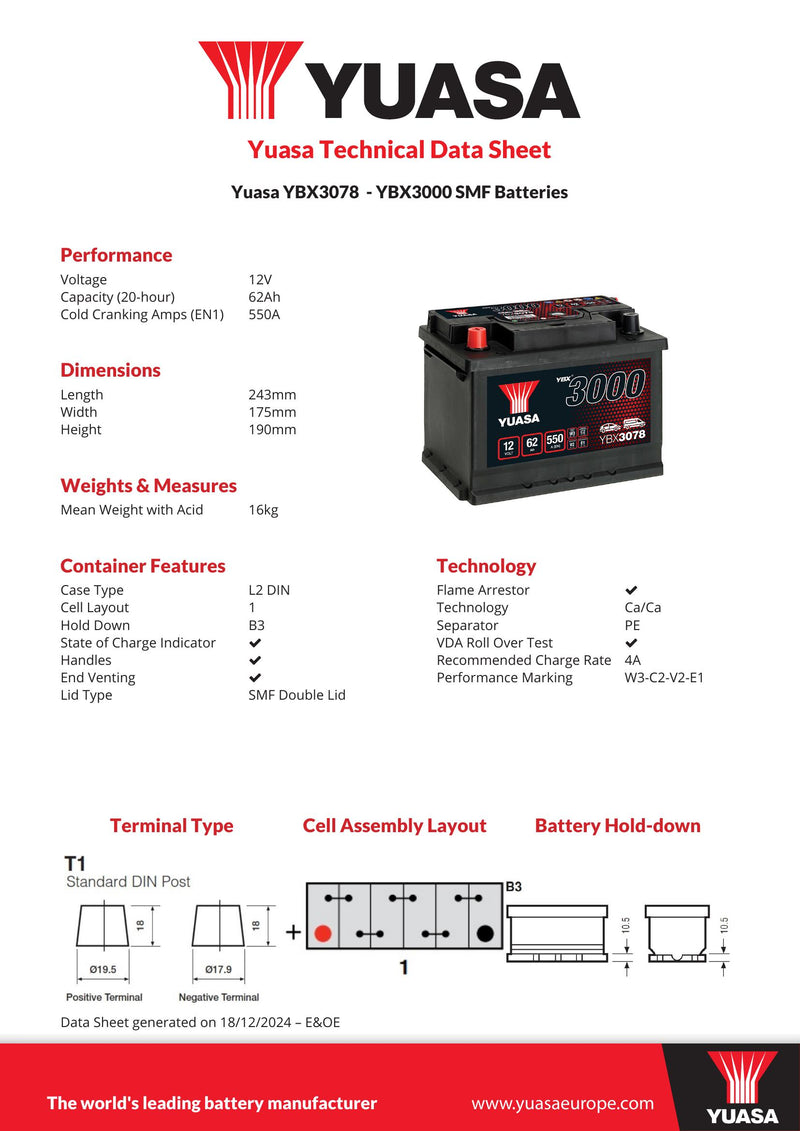 Yuasa YBX3078 - 3078 SMF Car Battery - 4 Year Warranty