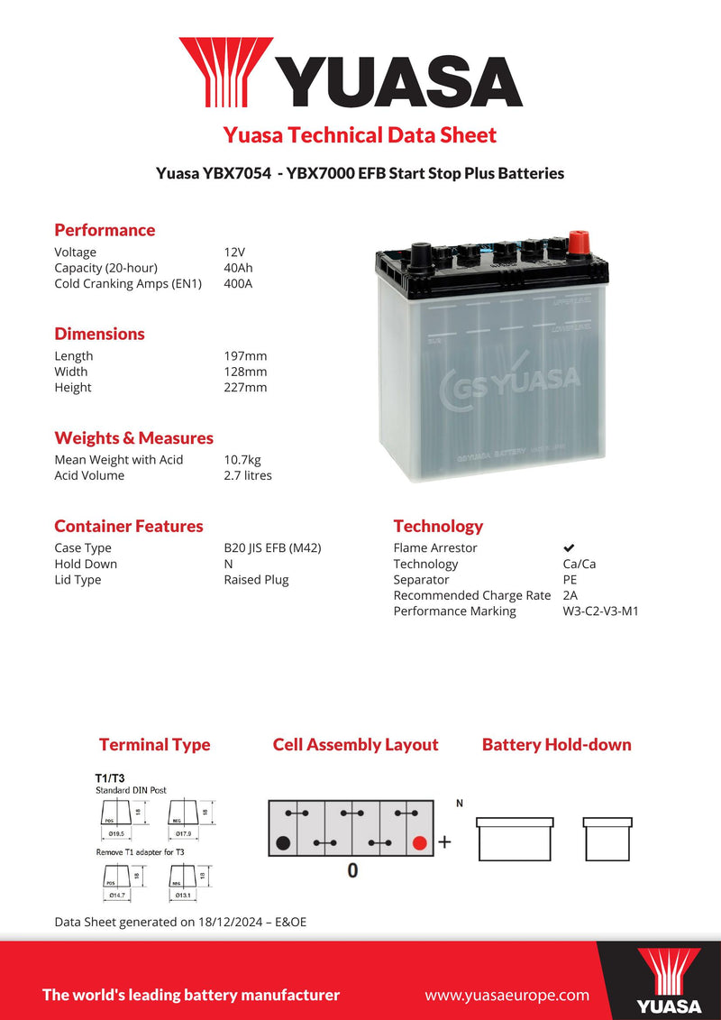Yuasa YBX7054 EFB Start Stop Plus Batteries - 7054