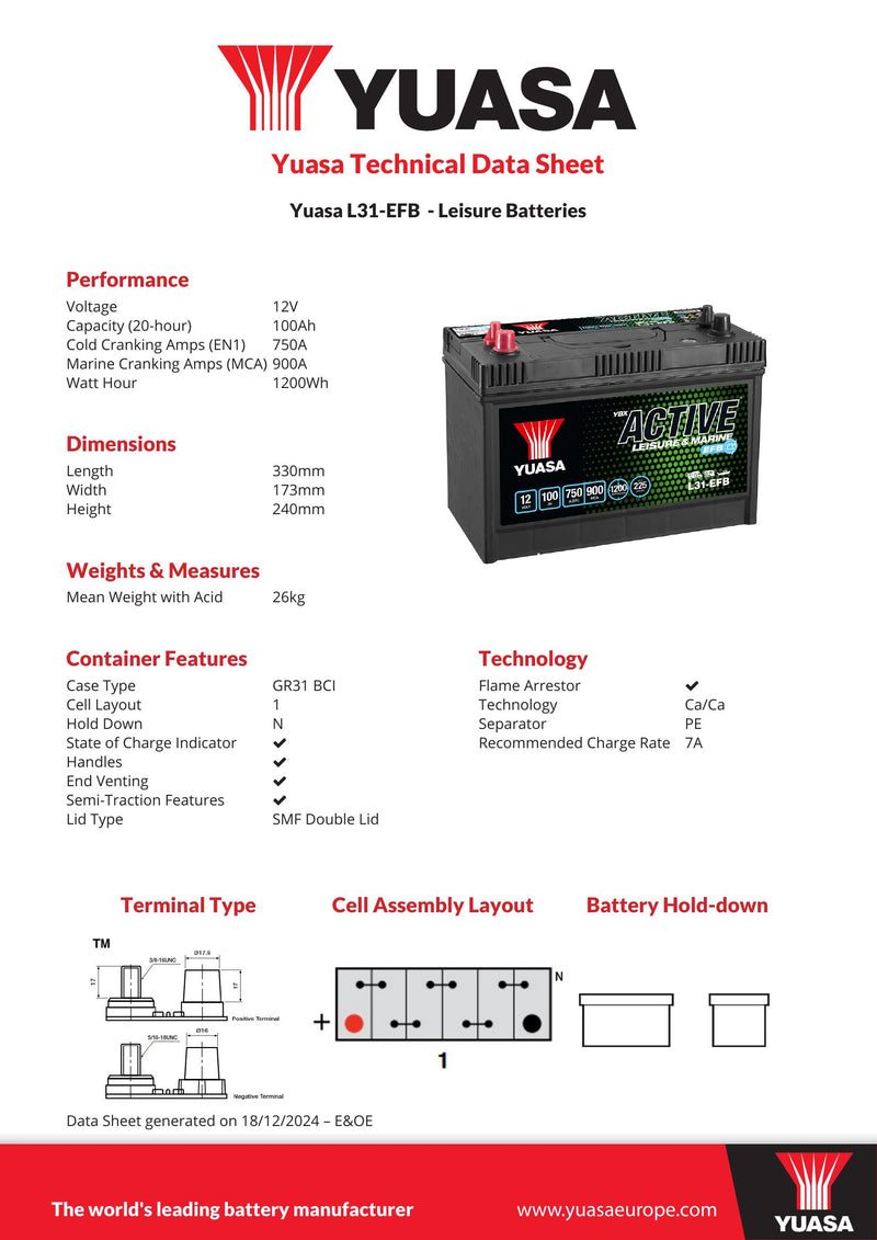 Yuasa L31-EFB Active Leisure & Marine Battery 12V 100Ah 750A