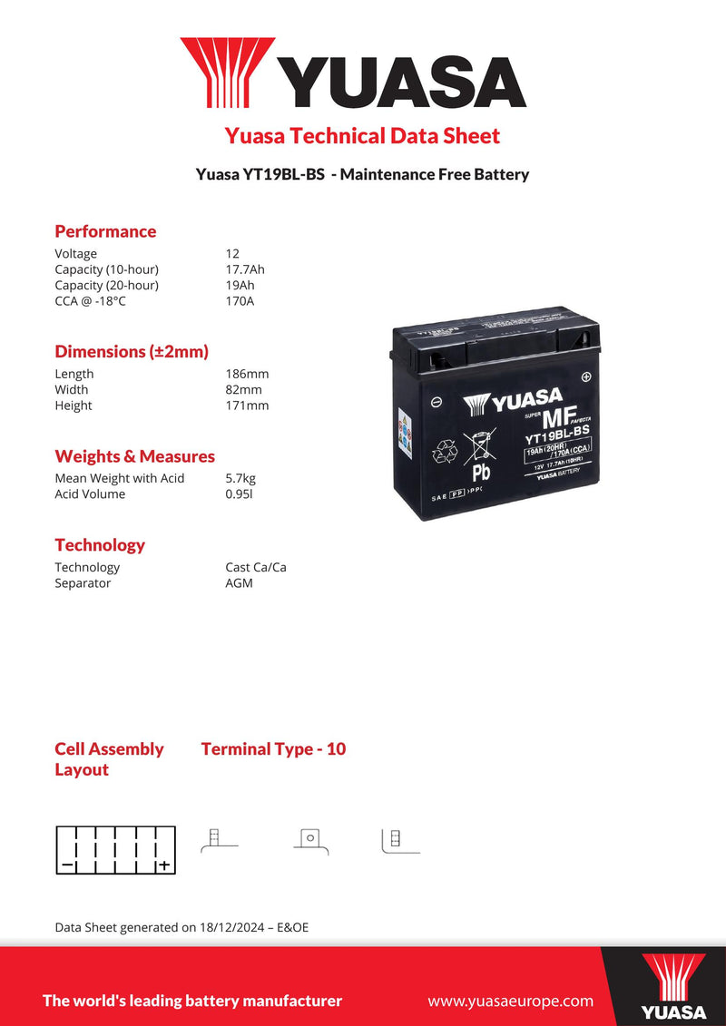 Yuasa YT19BL-BS (CP) 12V MF VRLA Motorcycle Battery