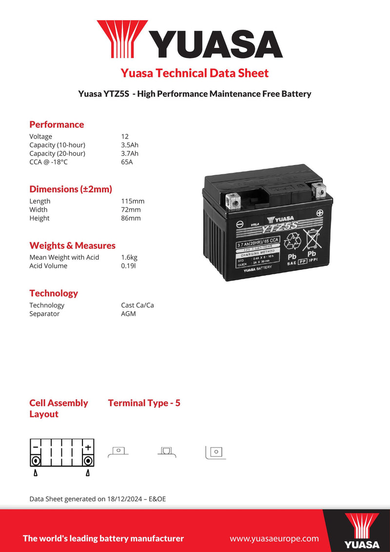 Yuasa YTZ5S (CP) 12V High Performance MF VRLA Motorcycle Battery