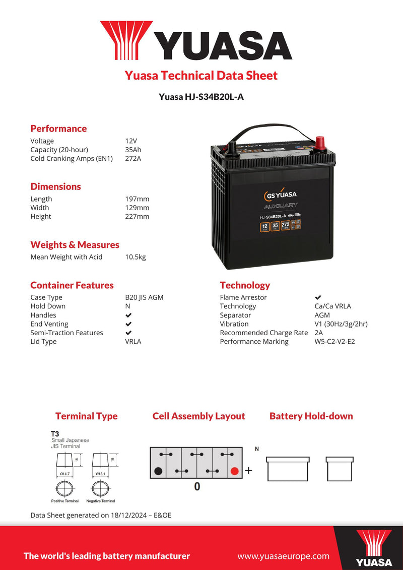Yuasa Hj-S34B20L-A Auxiliary Battery