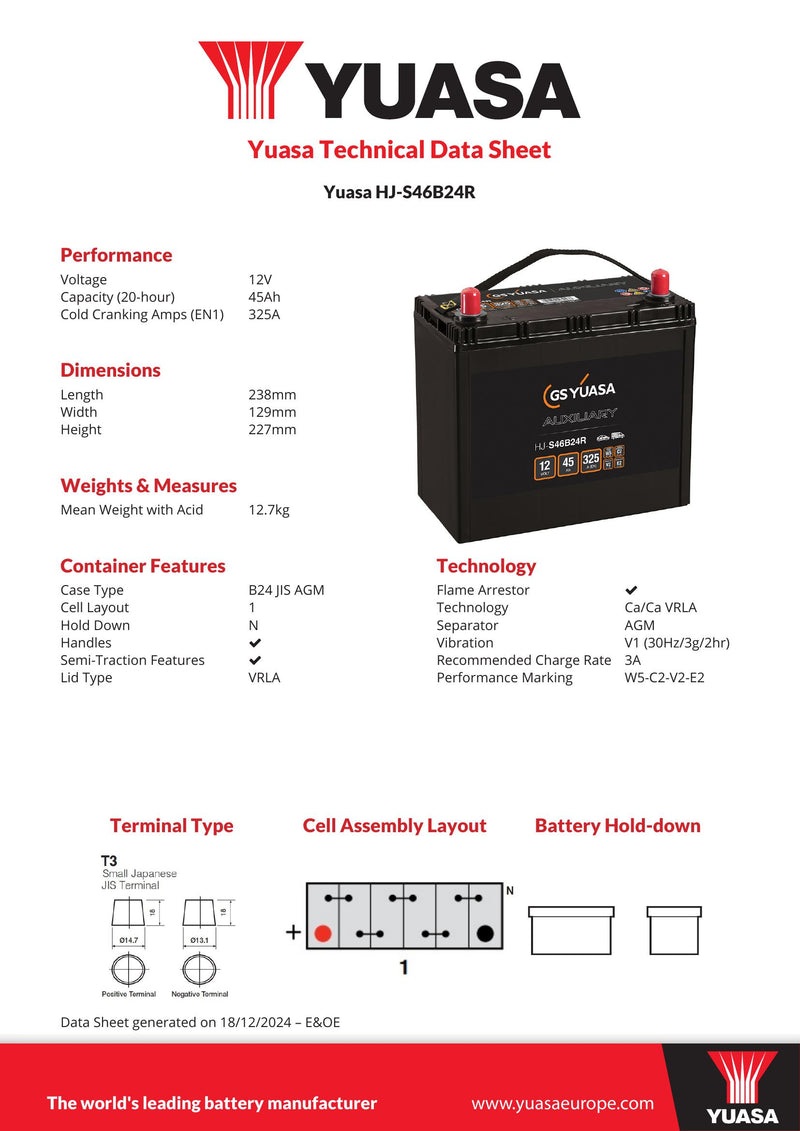 Yuasa HJ-S46B24R Auxiliary Battery