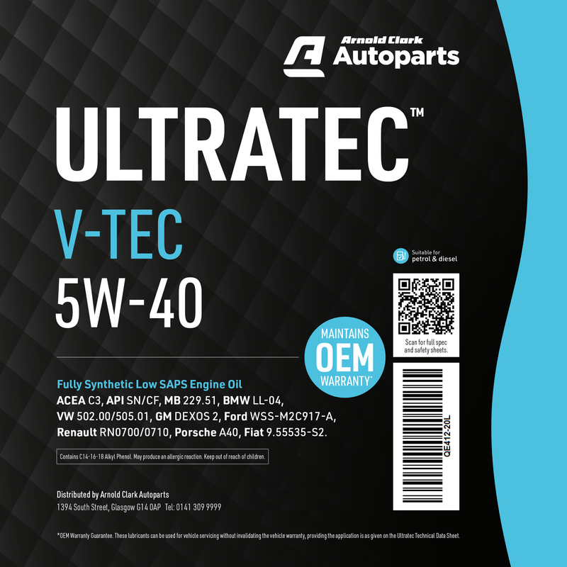 Ultratec V-TEC F1 5W40 - 20 Litre Engine Oil