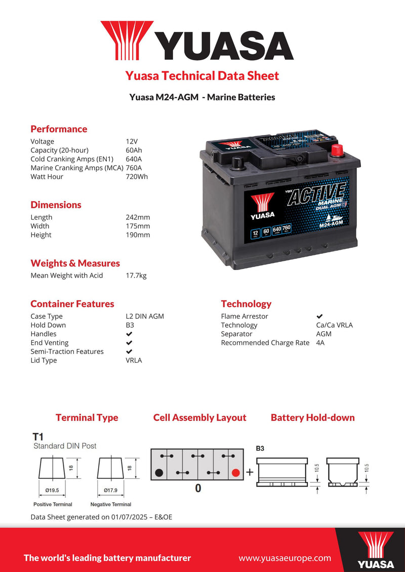 M24-AGM Yuasa Active Marine Dual AGM Battery - 12V 60Ah 640A