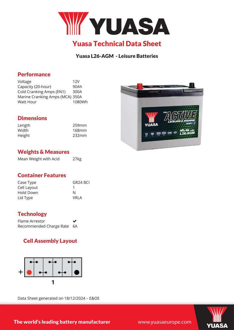 Yuasa L26-AGM Active Leisure AGM Battery 12V 90Ah 300A