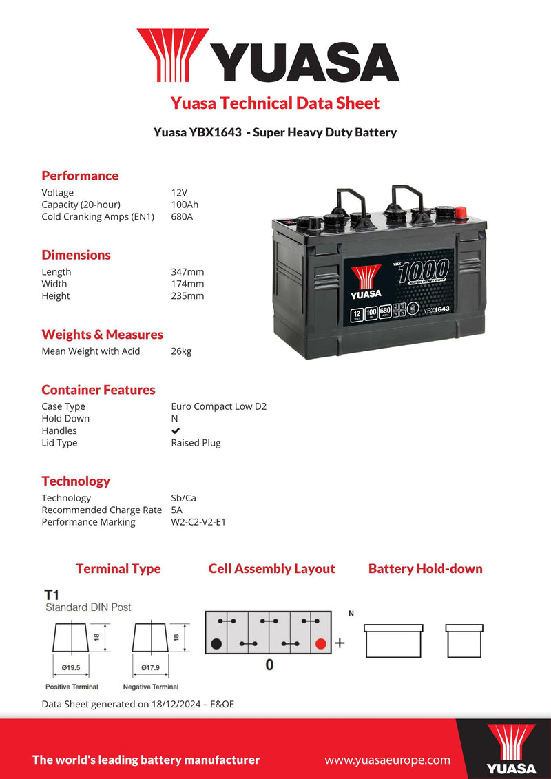 Yuasa YBX1643 Super Heavy Duty Battery - 1643