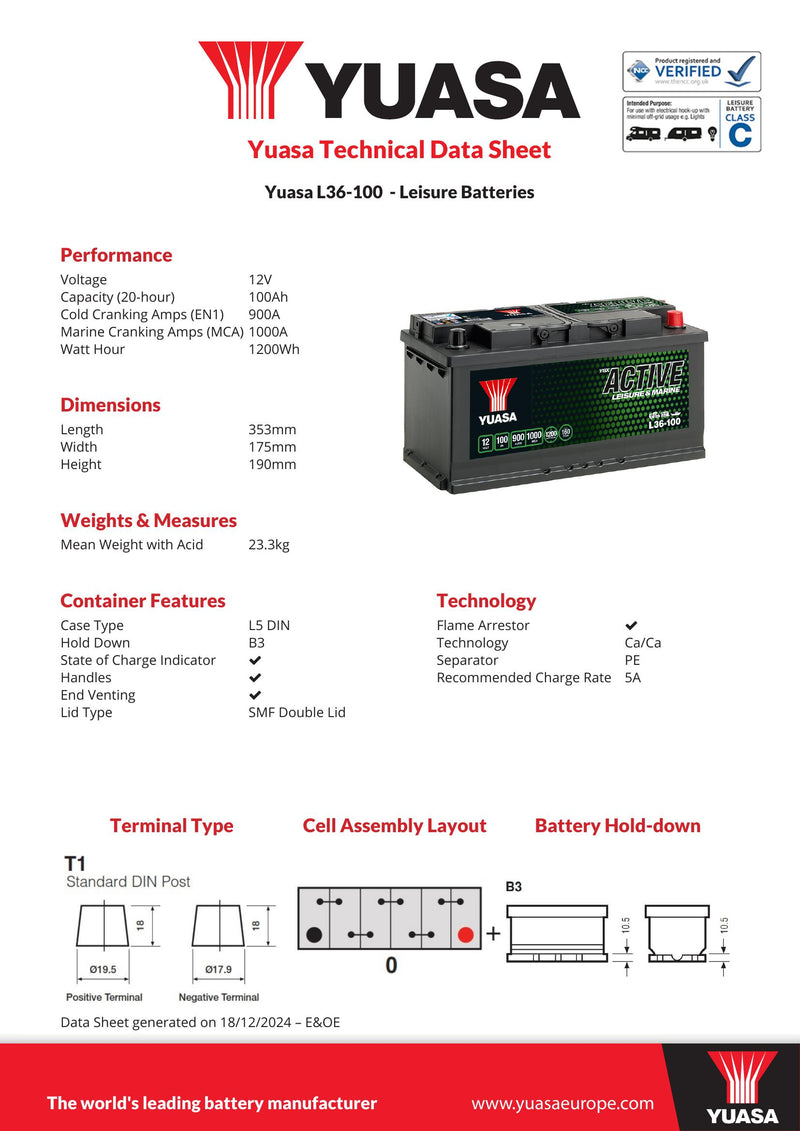 Yuasa L36-100 Active Leisure Battery 12V 100Ah 900A