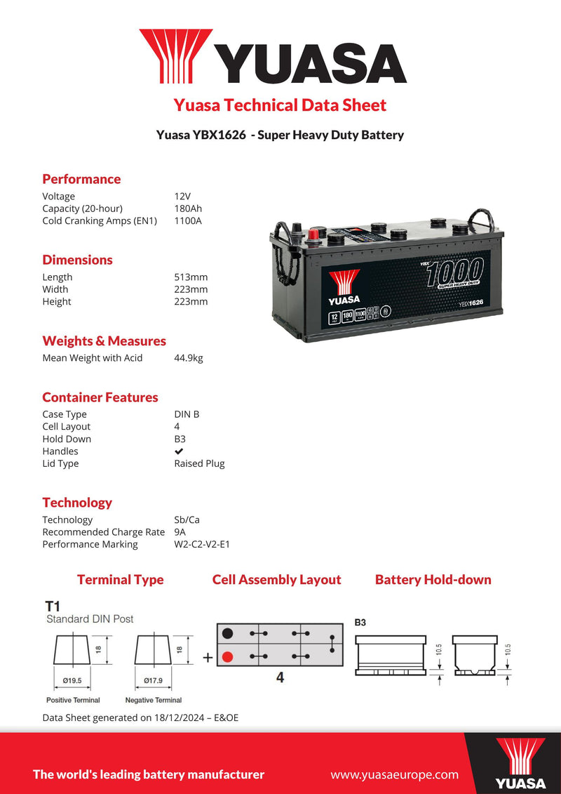 Yuasa YBX1626 Super Heavy Duty Battery - 1626