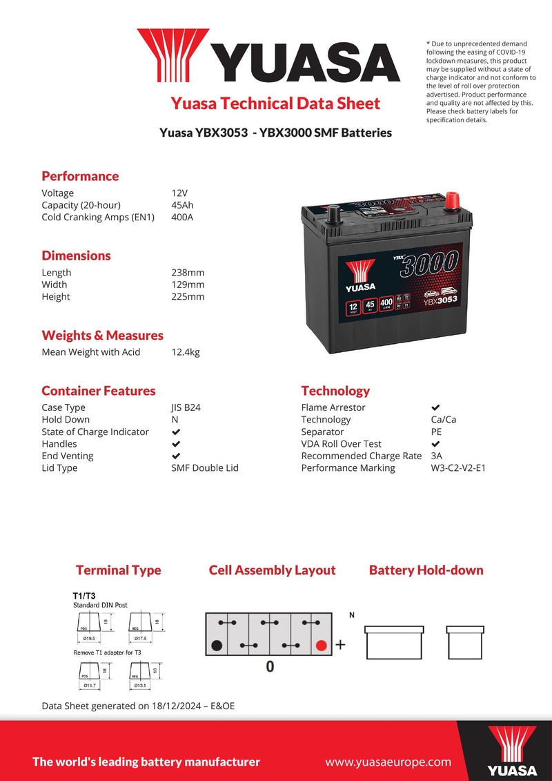 Yuasa YBX3053 - 3053 SMF Car Battery - 4 Year Warranty