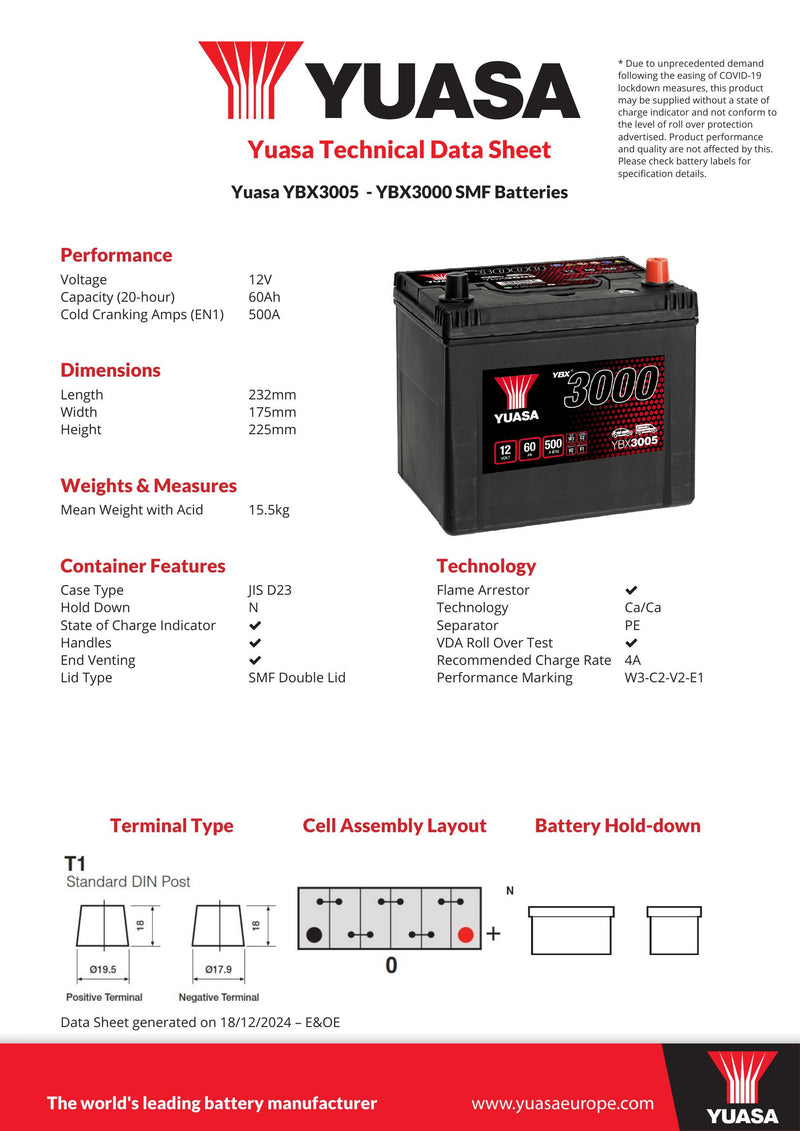 Yuasa YBX3005 - 3005 SMF Car Battery - 4 Year Warranty