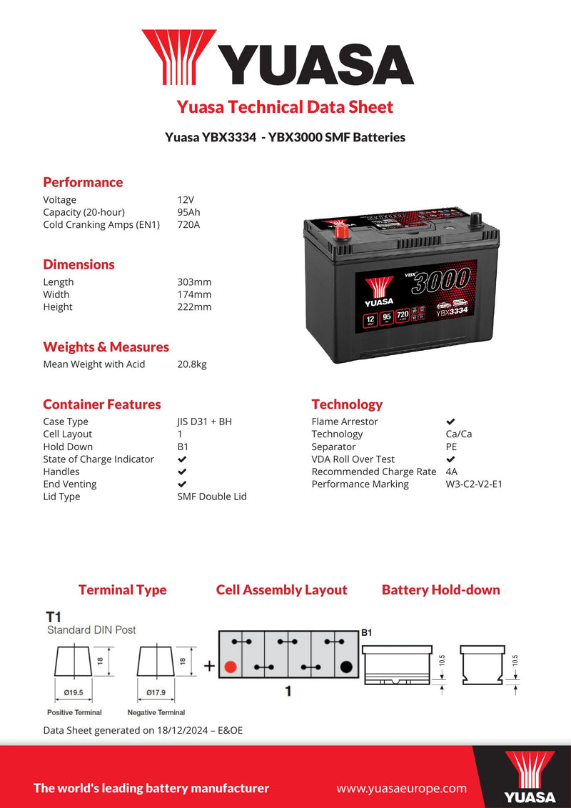 Yuasa YBX3334 - 3334 SMF Car Battery - 4 Year Warranty