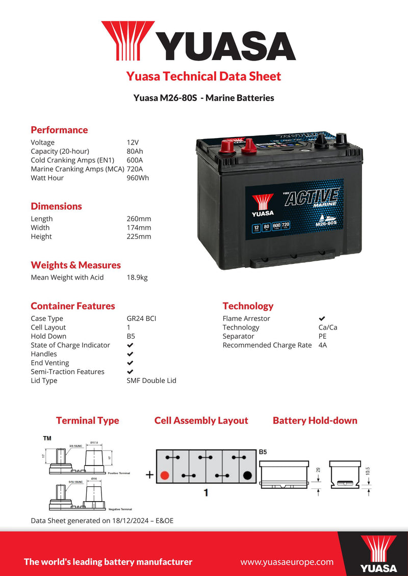 Yuasa M26-80S Active Marine Battery 12V 80Ah 600A