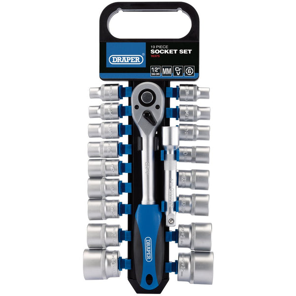 Metric Socket and Ratchet Set, 1/2" Sq Dr (19 Piece)