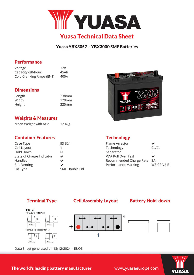 Yuasa YBX3057 - 3057 SMF Car Battery - 4 Year Warranty