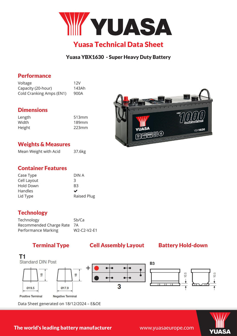 Yuasa YBX1630 Super Heavy Duty Battery - 1630