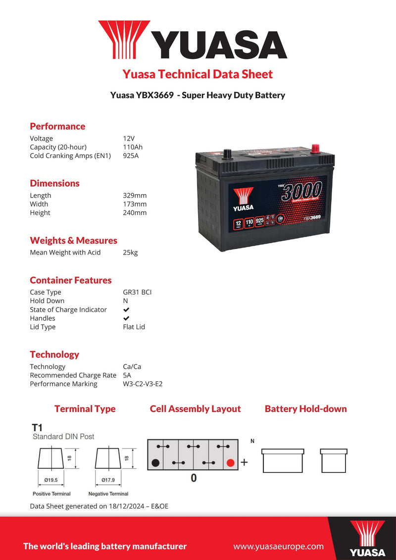 Yuasa YBX3669 - 3669 3000 Series Super Heavy Duty Commercial Battery - 4 Year Warranty
