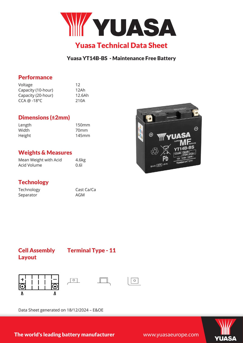 Yuasa YT14B-BS (CP) 12V MF VRLA Motorcycle Battery