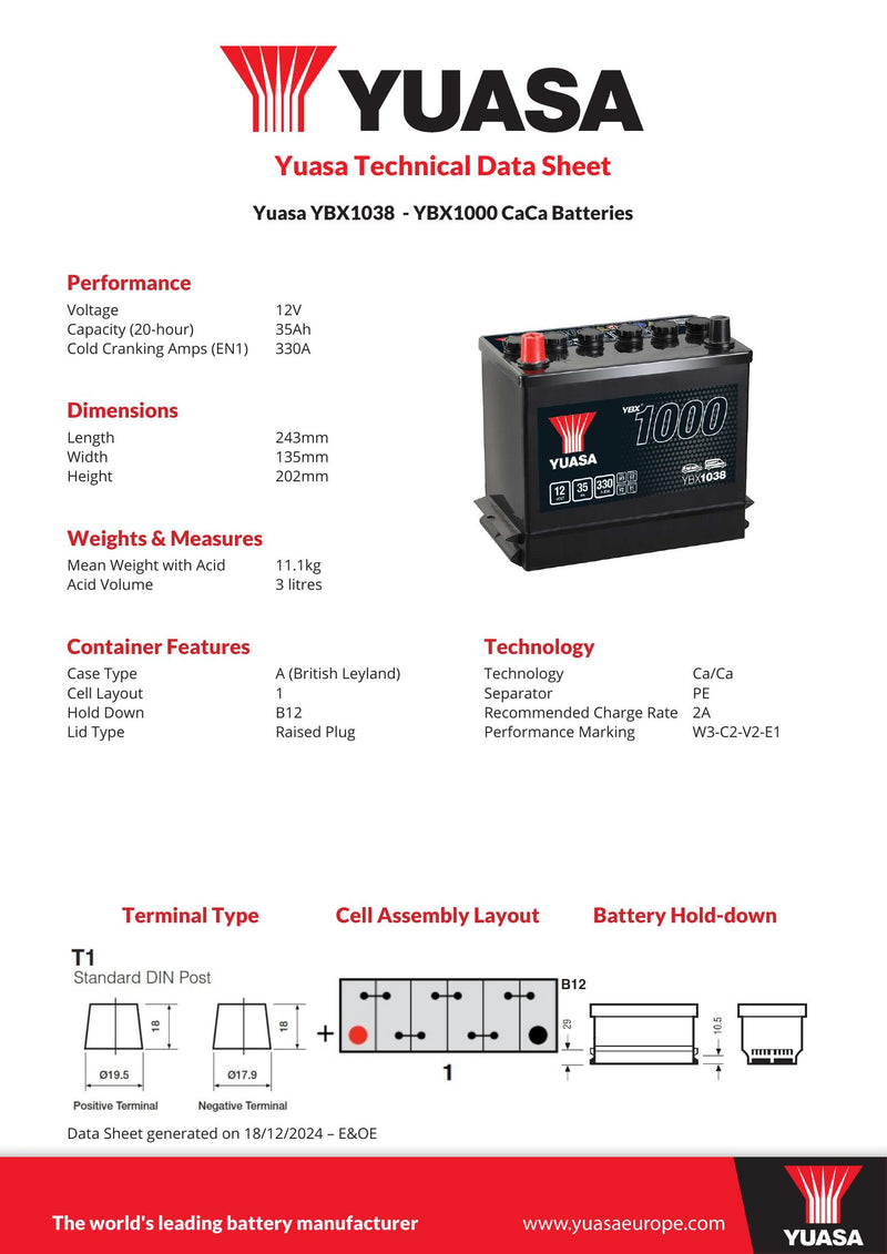 Yuasa G038 Battery - YBX1038