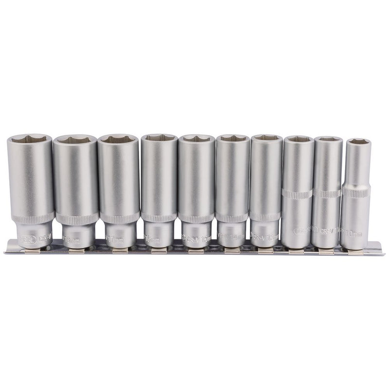 Deep Socket Set on Metal Rail, 3/8" Sq Dr (10 Piece)