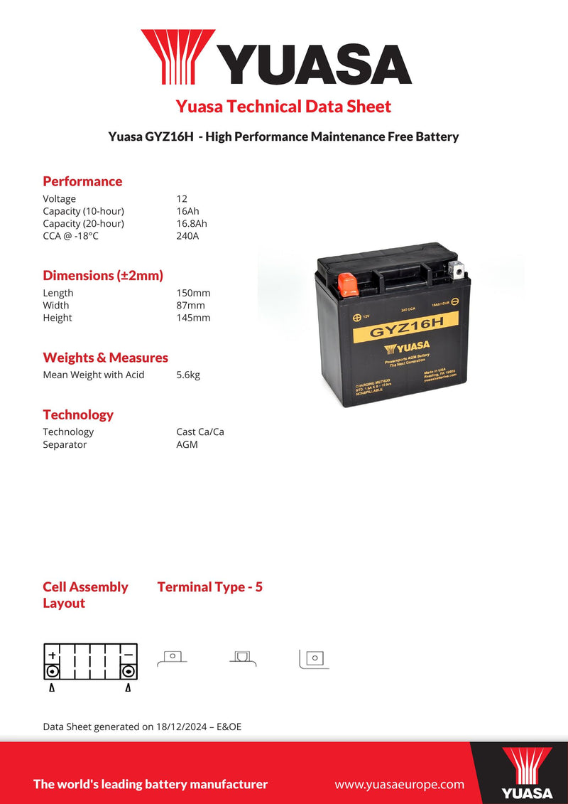 GYZ16H (WC) 12V Yuasa High Performance MF VRLA Motorcycle Battery