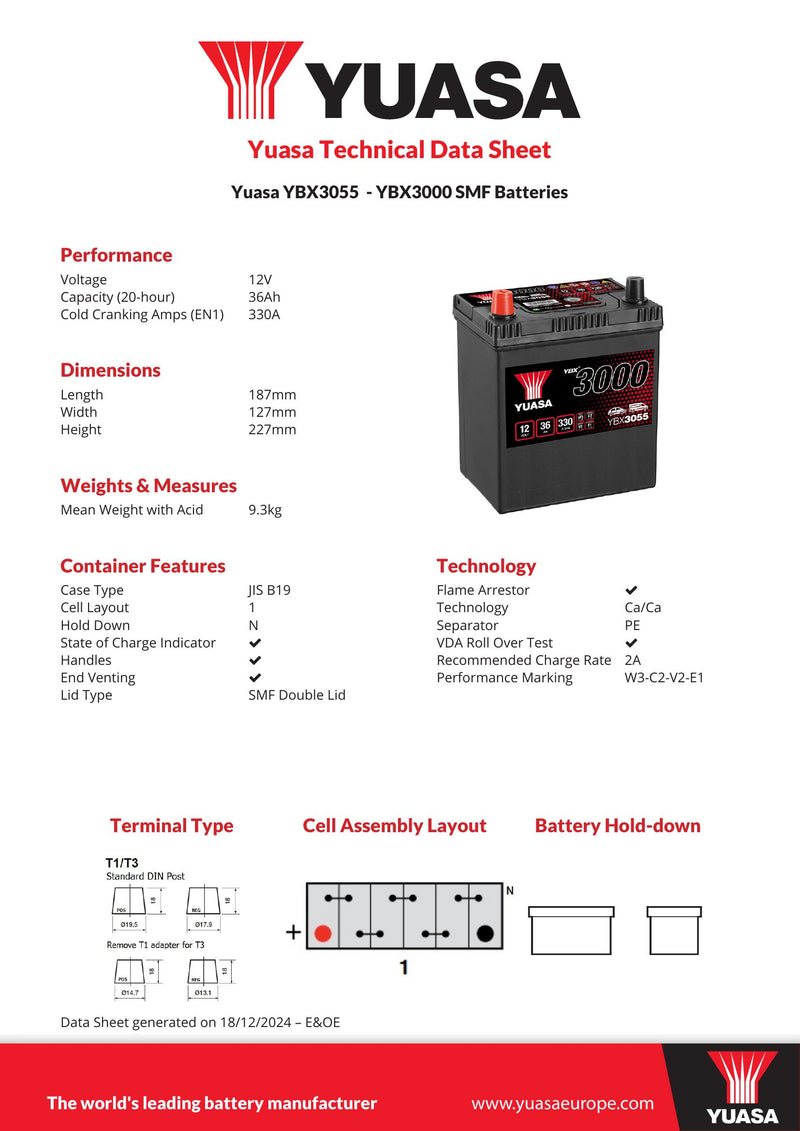 Yuasa YBX3055 - 3055 SMF Car Battery - 4 Year Warranty