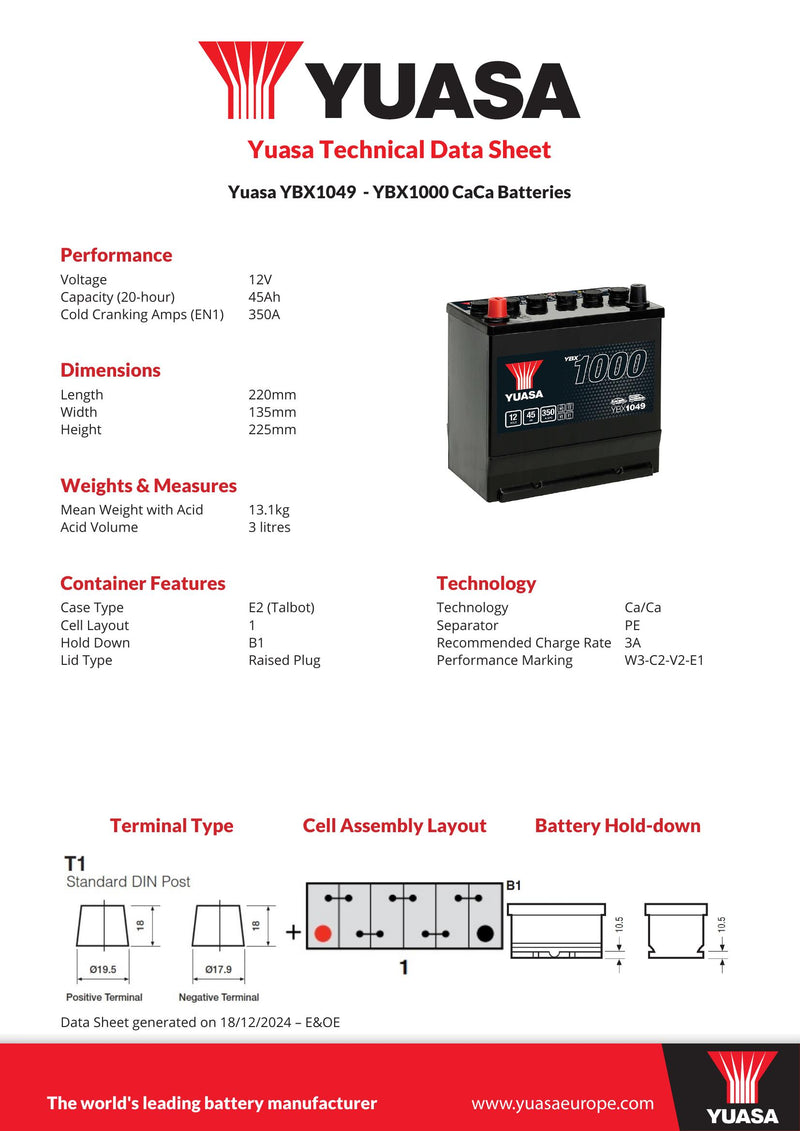 Yuasa YBX1049 CaCa Batteries - 1049