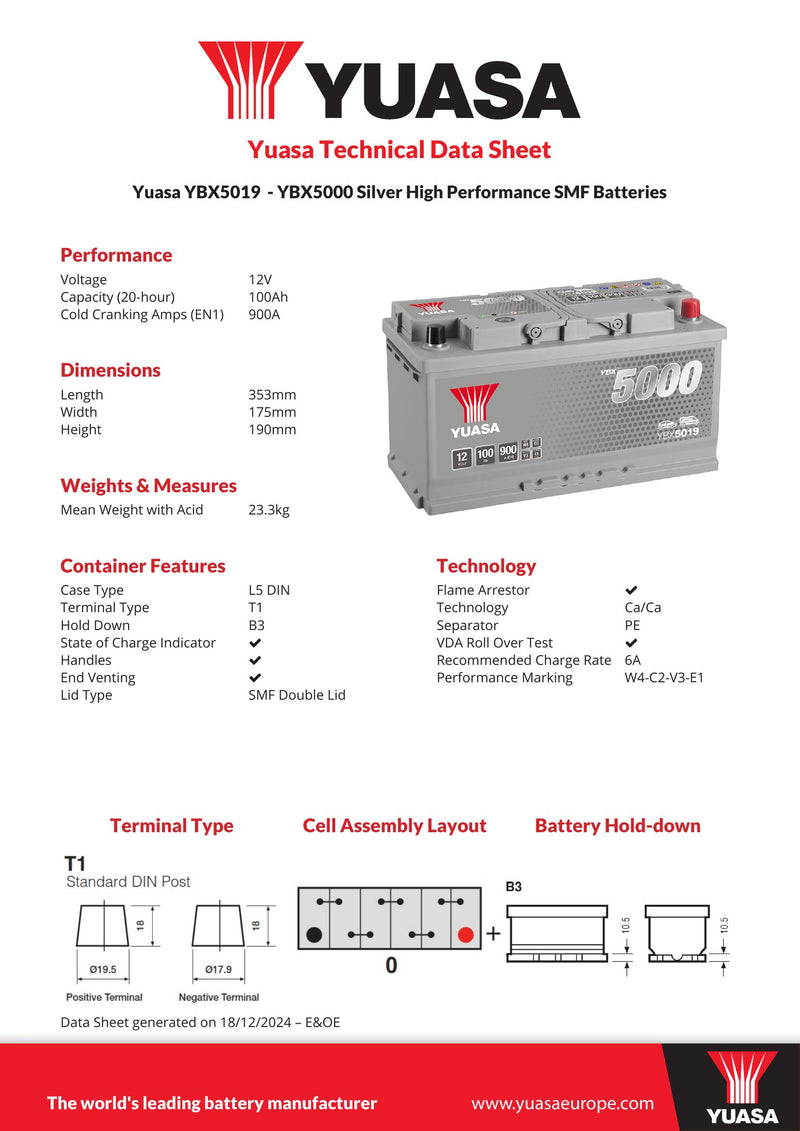 Yuasa YBX5019 - 5019 Silver High Performance SMF Car Battery - 5 Year Warranty
