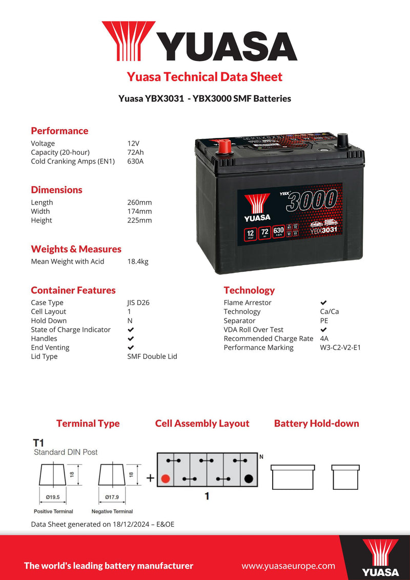 Yuasa YBX3031 - 3031 SMF Car Battery - 4 Year Warranty