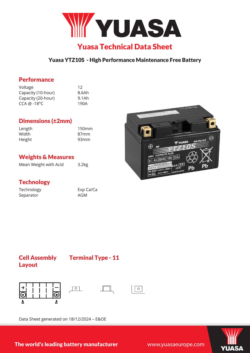 Yuasa YTZ10S (WC) 12V High Performance MF VRLA Motorcycle Battery