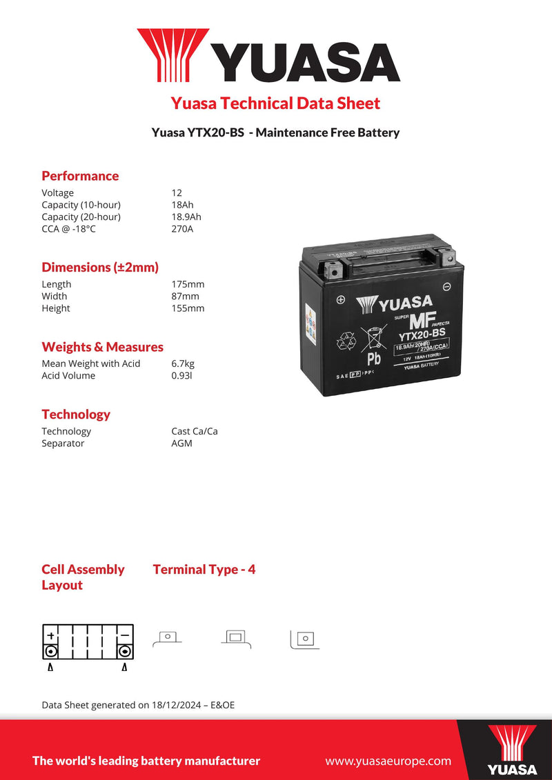 Yuasa YTX20-BS (CP) 12V MF VRLA Motorcycle Battery