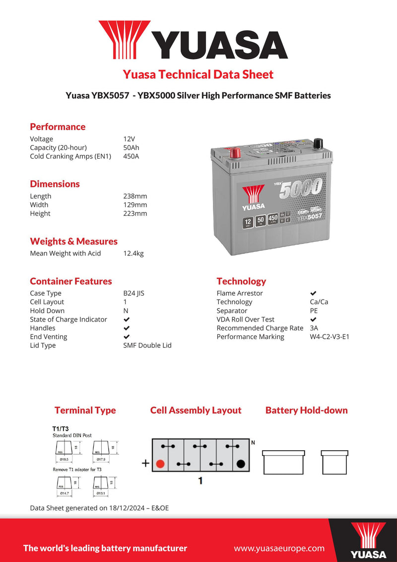 Yuasa YBX5057 - 5057 Silver High Performance SMF Car Battery - 5 Year Warranty