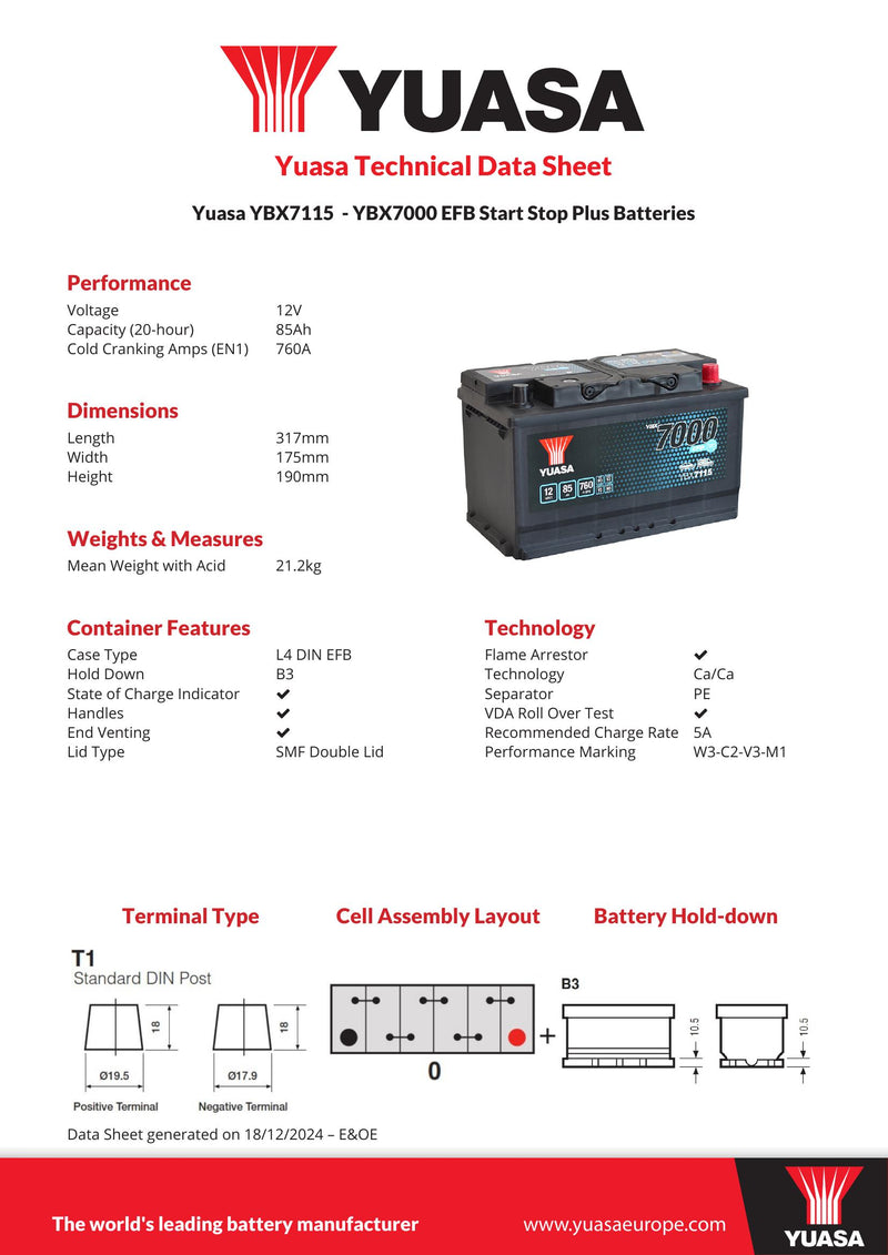 Yuasa YBX7115 EFB Start Stop Plus Battery - 3 Year Warranty