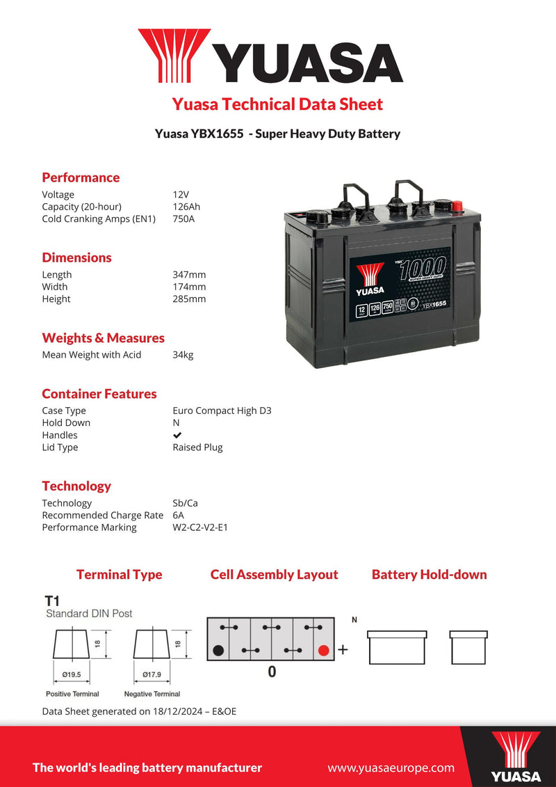 Yuasa YBX1655 Super Heavy Duty Battery - 1655