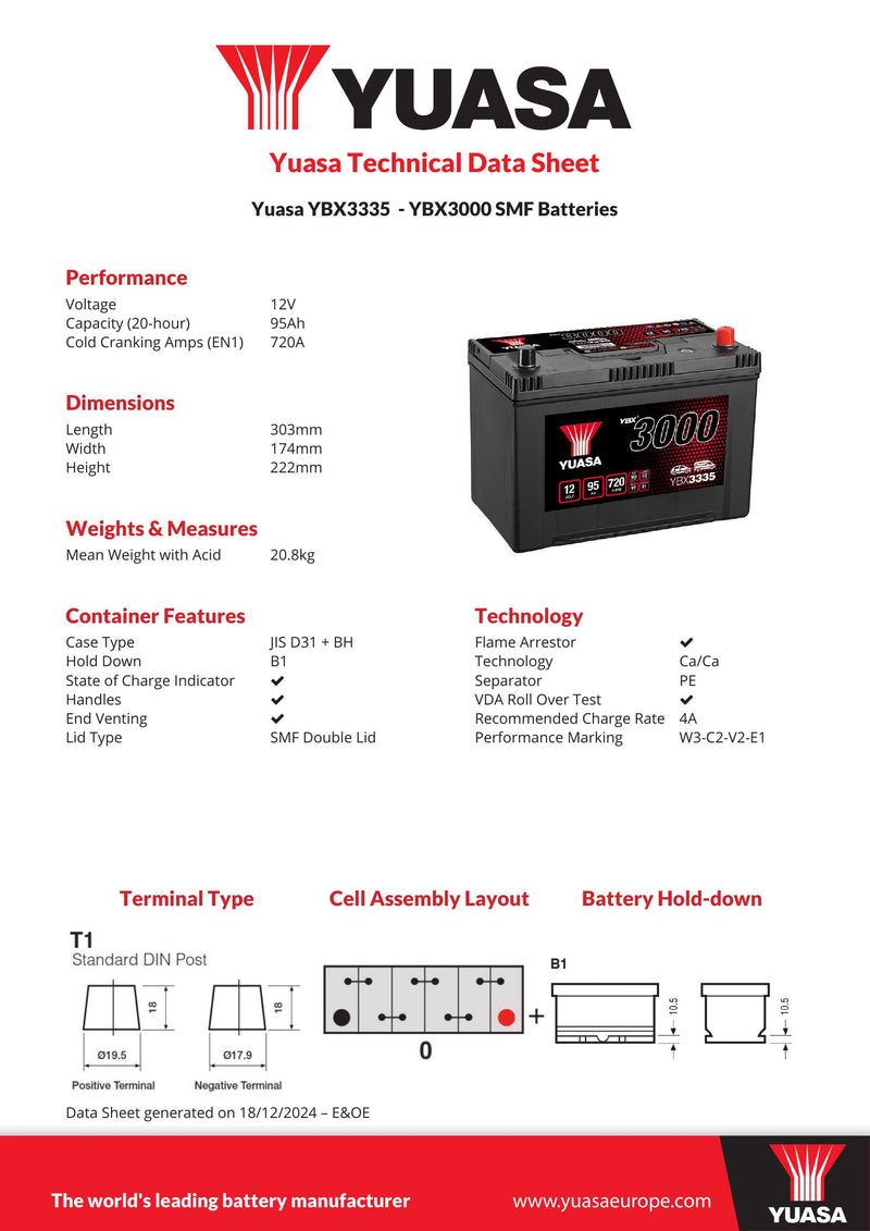 Yuasa YBX3335 - 3335 SMF Car Battery - 4 Year Warranty