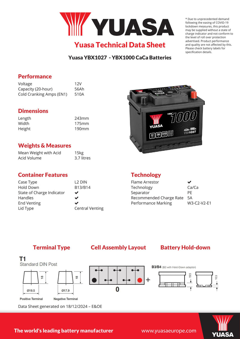 Yuasa YBX1027 CaCa Car Battery - 1027