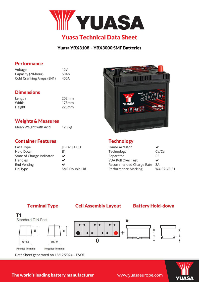 Yuasa YBX3108 - 3108 SMF Car Battery - 4 Year Warranty
